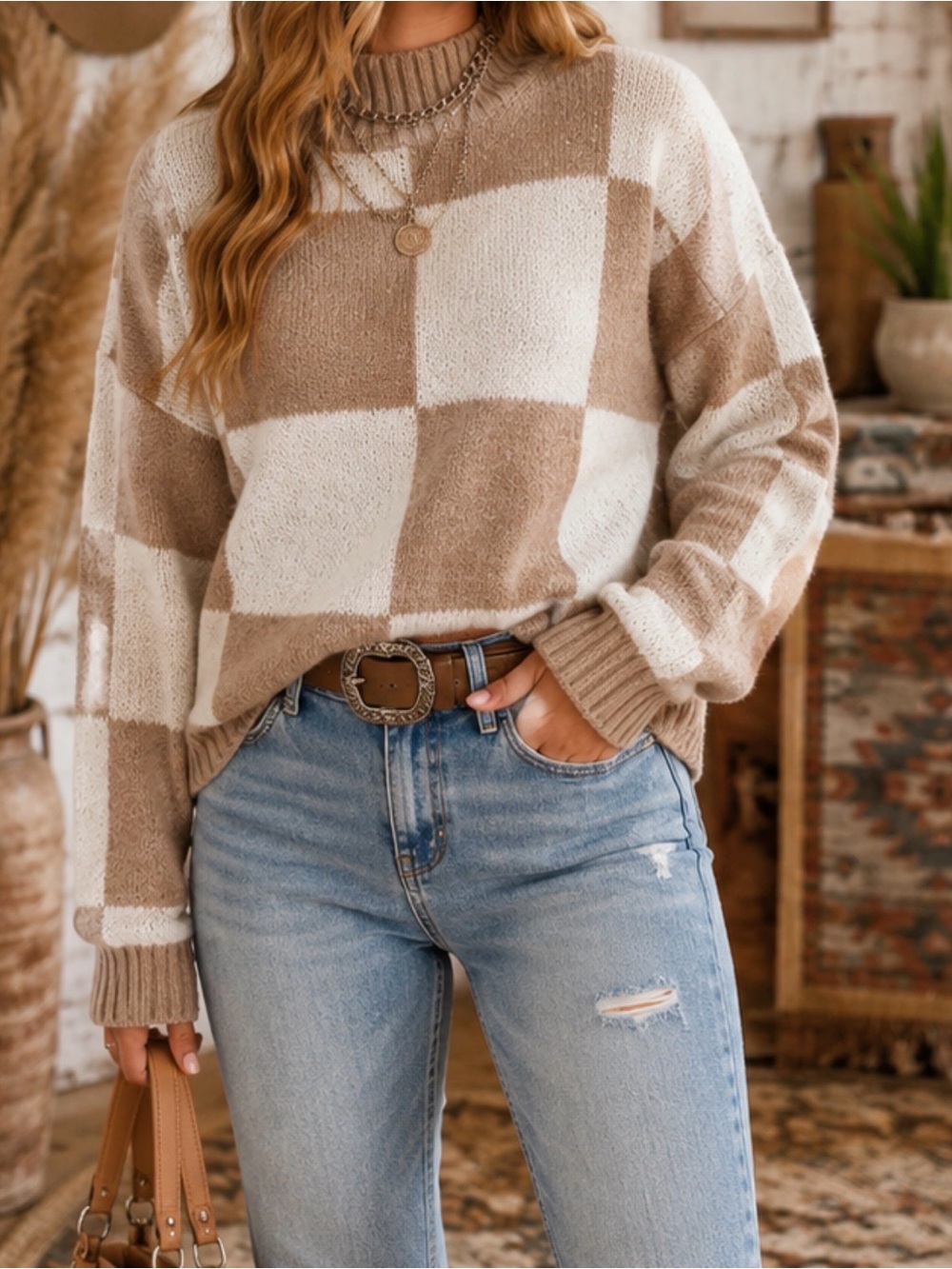 Blu Pepper Taupe & Ivory Buffalo-Check Mock Neck Sweater - Picture 2 of 10